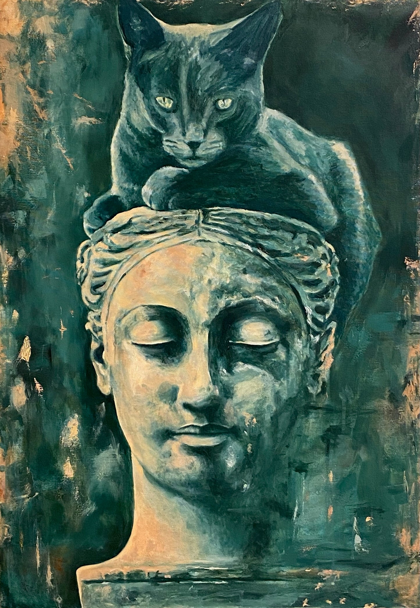 Quadro Dipinto a Mano - Gatto Misterioso e Statua Classica, 60x80 cm