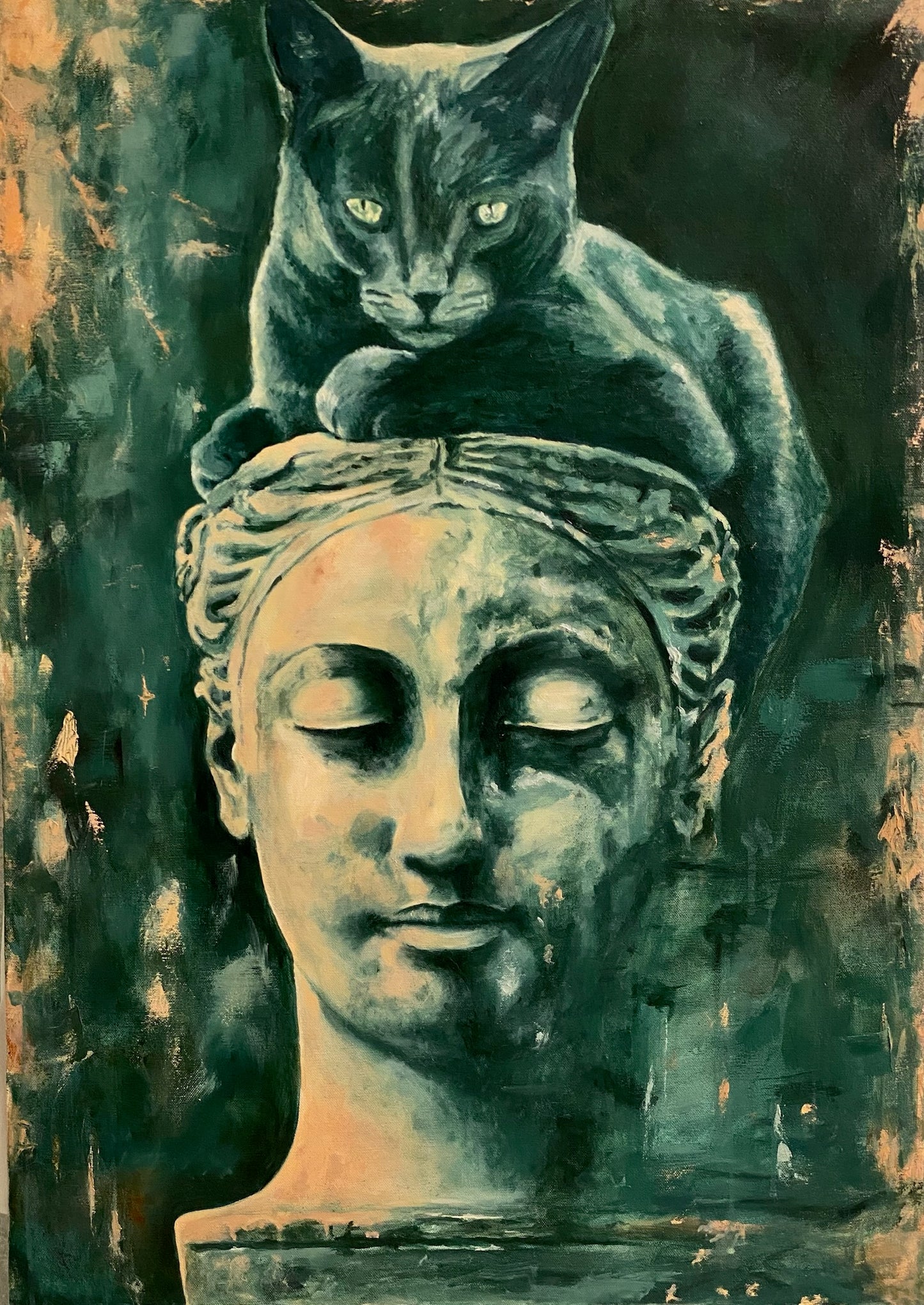 Quadro Dipinto a Mano - Gatto Misterioso e Statua Classica, 60x80 cm