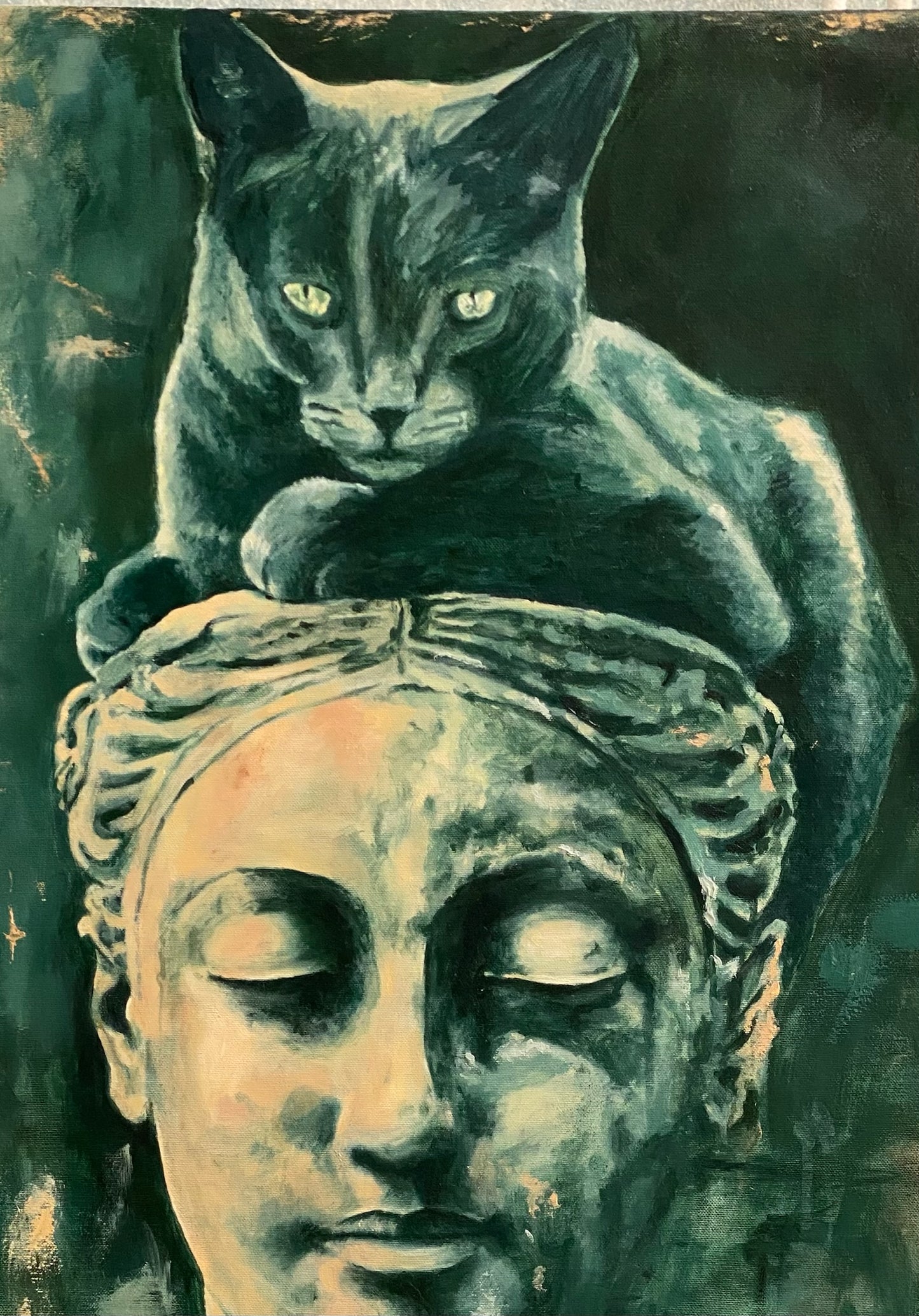 Quadro Dipinto a Mano - Gatto Misterioso e Statua Classica, 60x80 cm