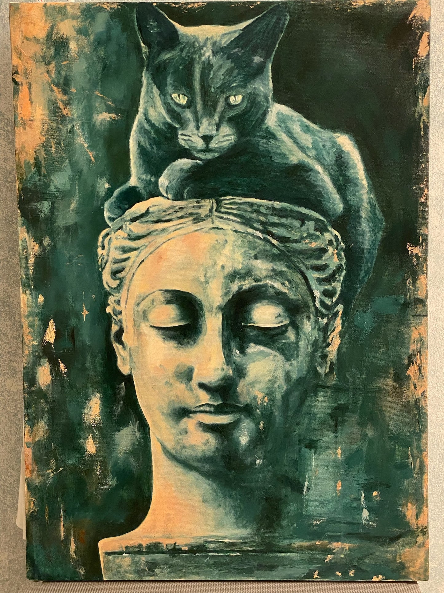 Quadro Dipinto a Mano - Gatto Misterioso e Statua Classica, 60x80 cm